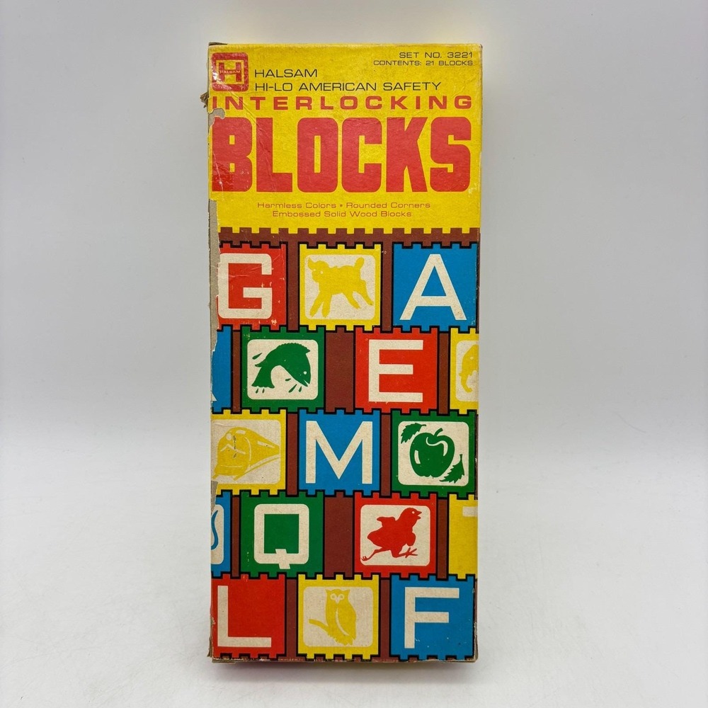 VINTAGE Halsam Hi Lo Interlocking Blocks COMPLETE 21 Wood Blocks Set no 3221